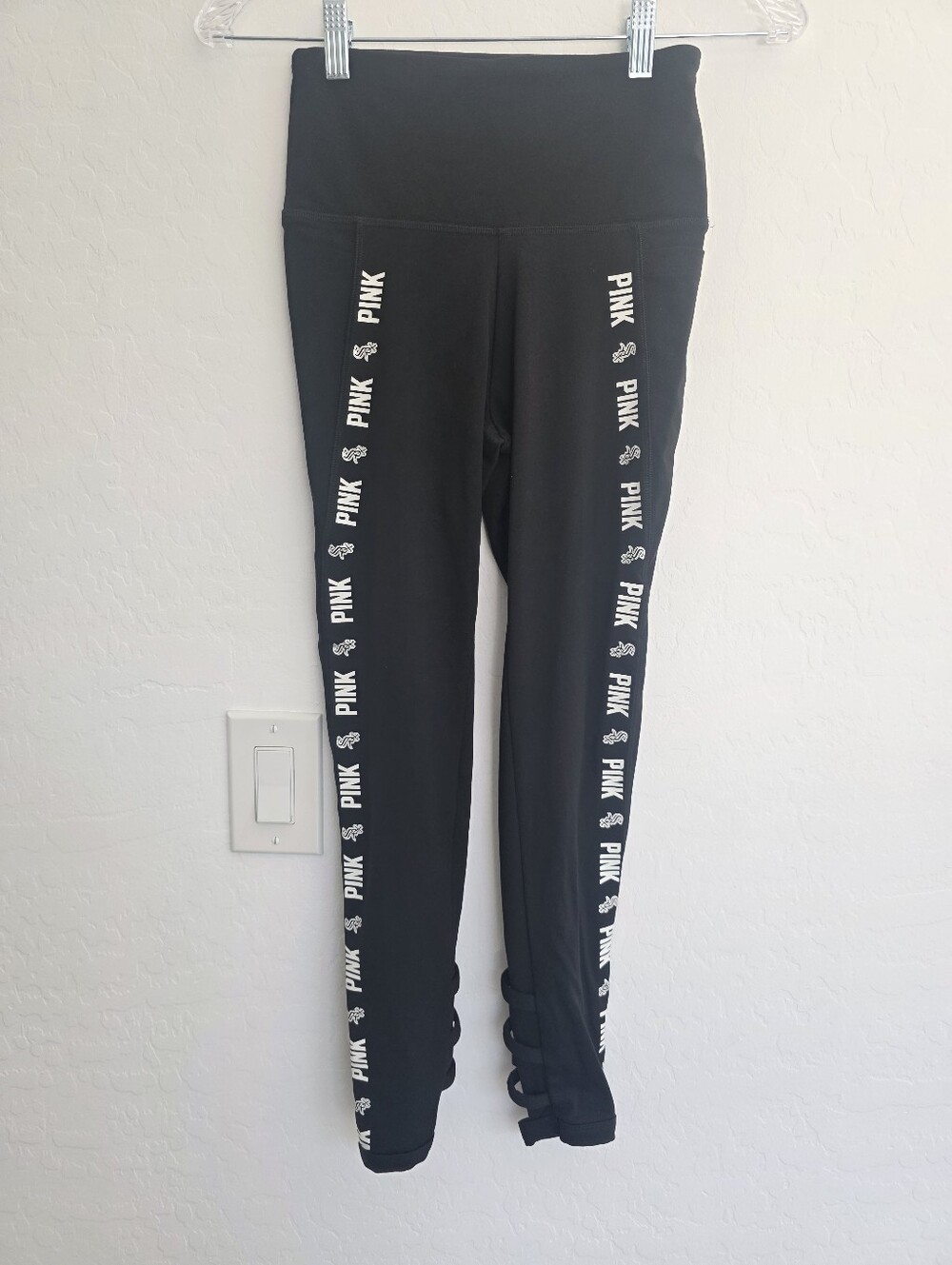 PINK Victoria's Secret Black Leggings with White Sox Side Logo Tape